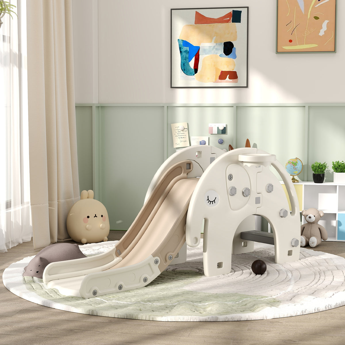 AIYAPLAY Babyrutsche 3-in-1, Klettergerüst, Basketballkorb, rutschfeste Stufen, Handläufe, Cremeweiß