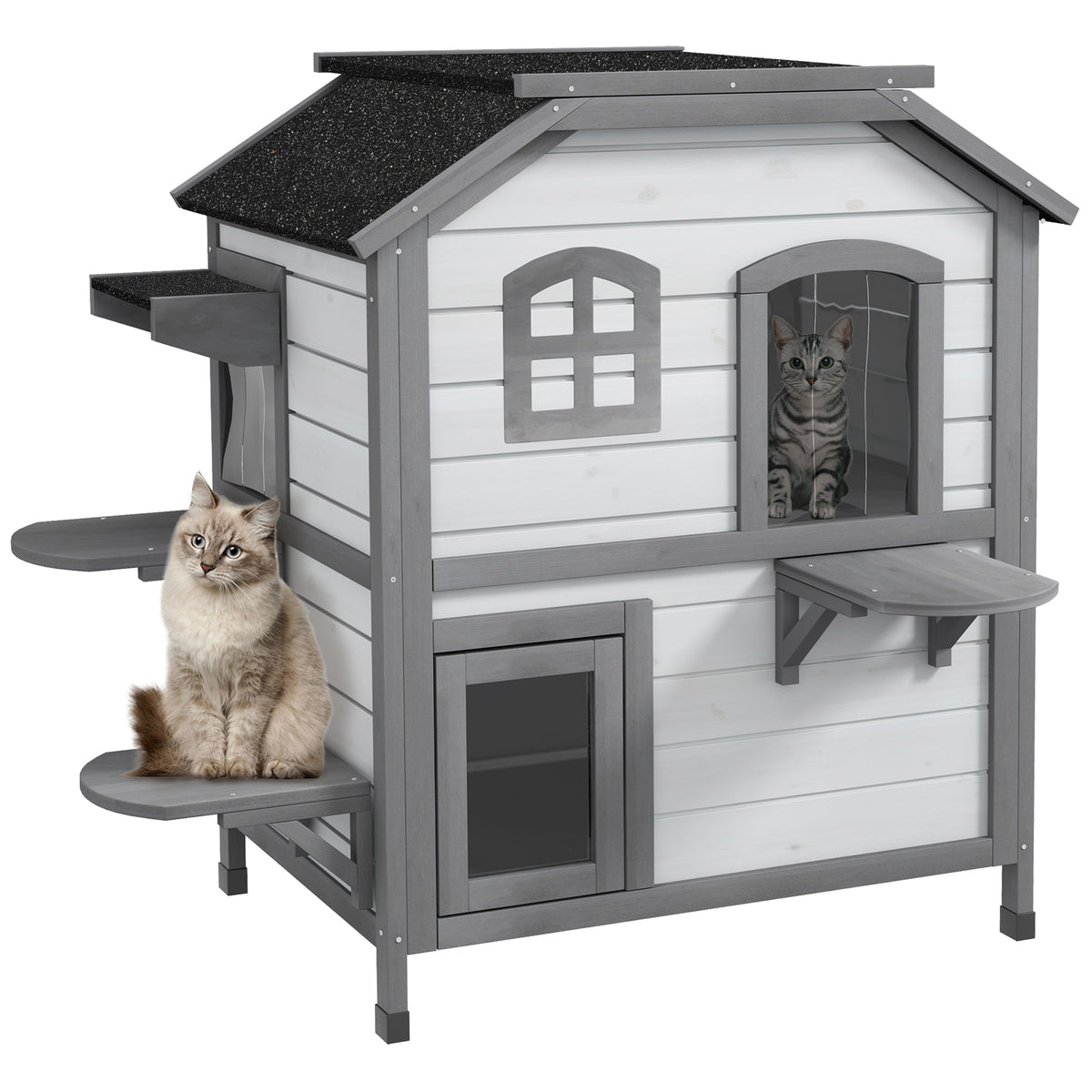 PawHut Katzenhaus Katzenhütte Katzenhöhle, 2 Stockwerke, wetterbeständig, 78,1 cm x 55,2 cm x 90,8 cm, Weiß + Grau