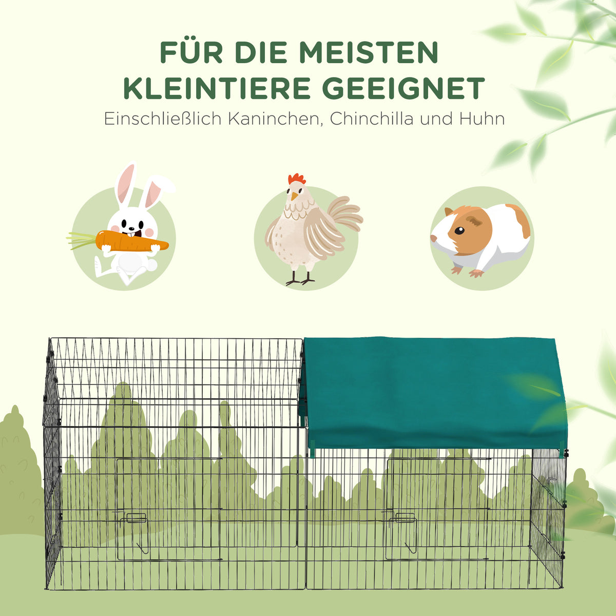 PawHut Kleintiergehege mit Dach, 4 Türen, wetterfest, Stahl/Polyester, 220x85x103cm, Grün/Schwarz