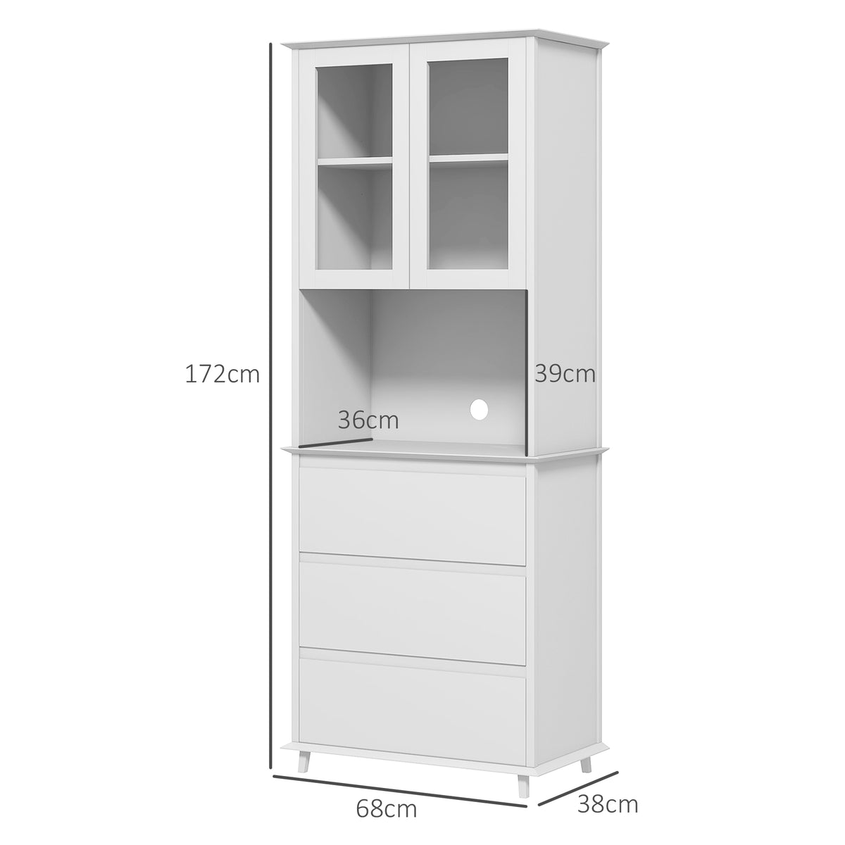 HOMCOM Küchenbuffet Aufbewahrungsschrank 2 Glastüren 3 Schubladen und mittleres Fach 68B x 38T x 172H cm MDF weiß