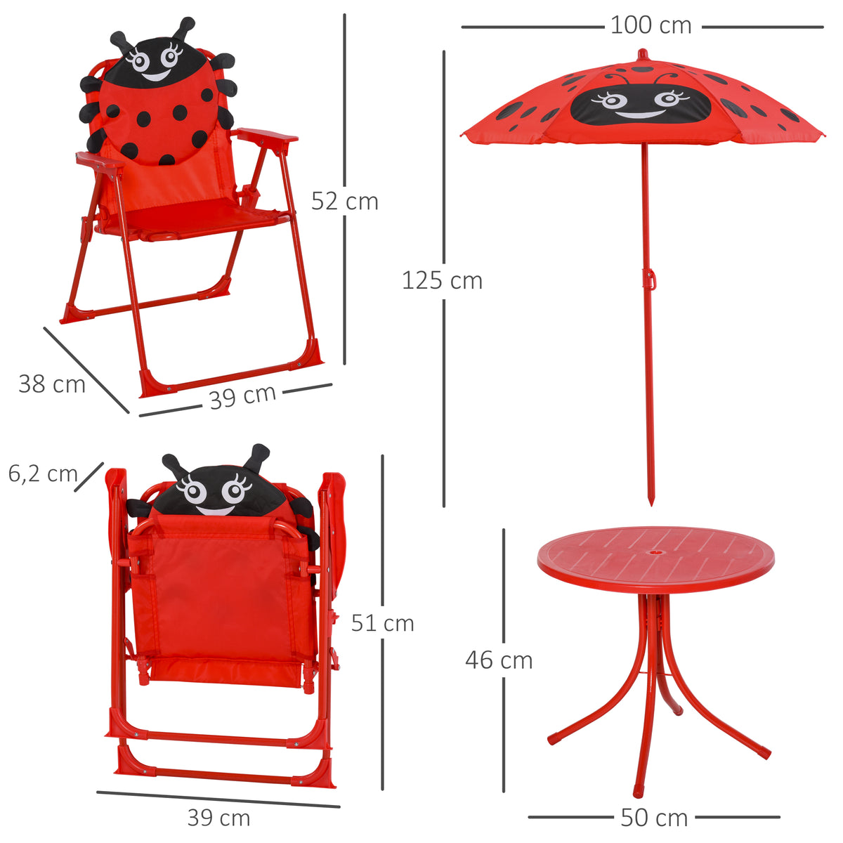 Outsunny 4tlg. Kindersitzgruppe Garten Gartentisch 2 Klappstühle Sonnenschirm Camping Kindersitzgarnitur Gartenmöbel für 3-5 Jahre Rot