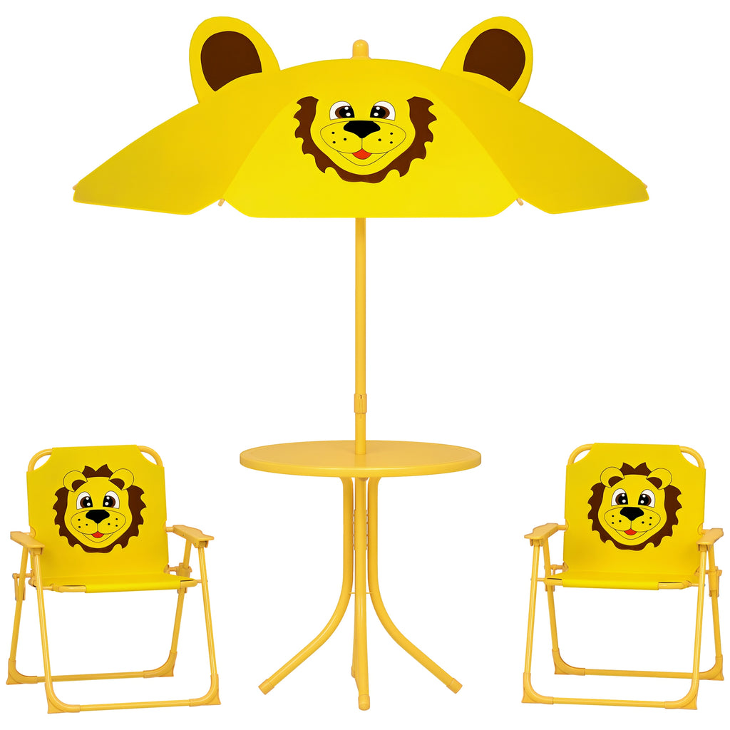 AIYAPLAY Gartenmöbel-Set für Kinder, Stühle, Tisch, Sonnenschirm, Löwen-Design, Gelb