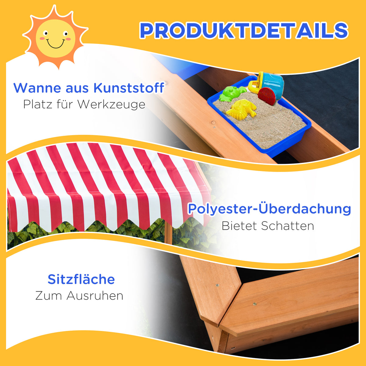 Outsunny Sandkasten Sandkiste Holz Bodenloses Design Matsch-Bereich für Kinder 3-7 Jahre Sandkasten mit Abdeckung Dach für Garten Terrasse Strand Outdoor Gelb 107,5 x 107,5 x 110 cm