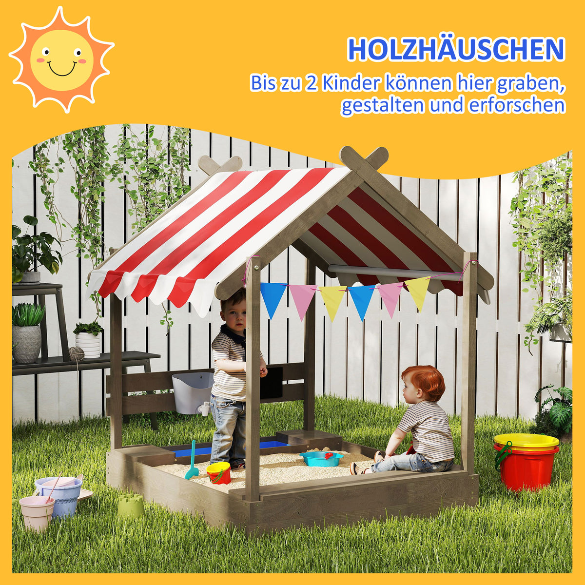 Outsunny Sandkasten mit Sonnenschutz, Spielhaus-Design, mit Spielzeug-Set, behandeltes Massivholz, 124 x 116 x 146 cm, Grau