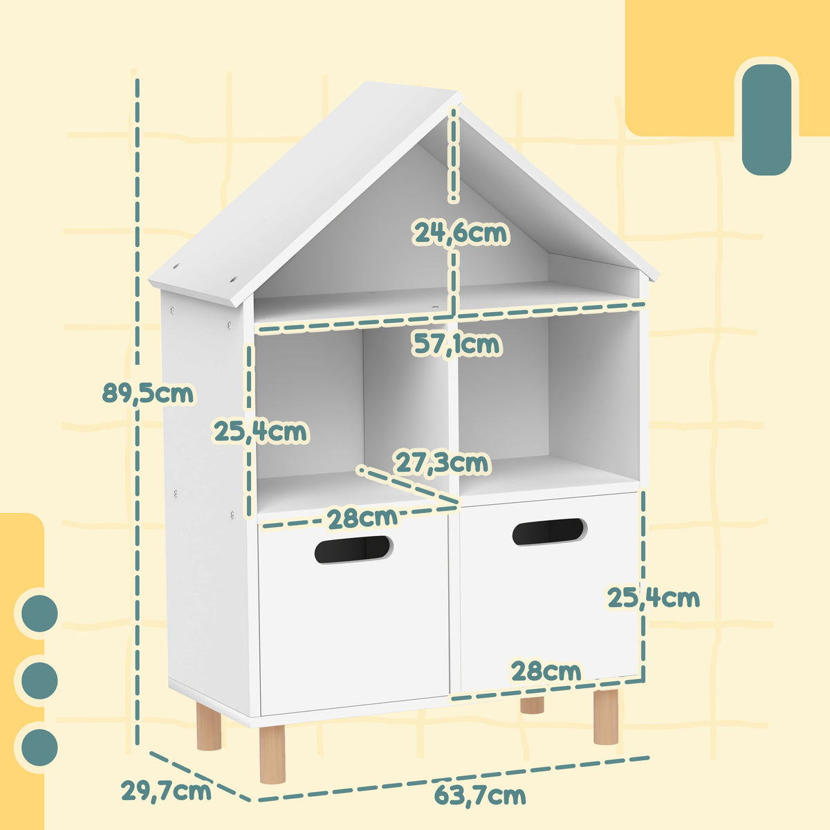 AIYAPLAY Kinderbücherregal Kinder Aufbewahrungsmöbel 3 Ebenen mit zwei Schubladen hausförmig 63,7 x 29,7 x 89 cm weiß