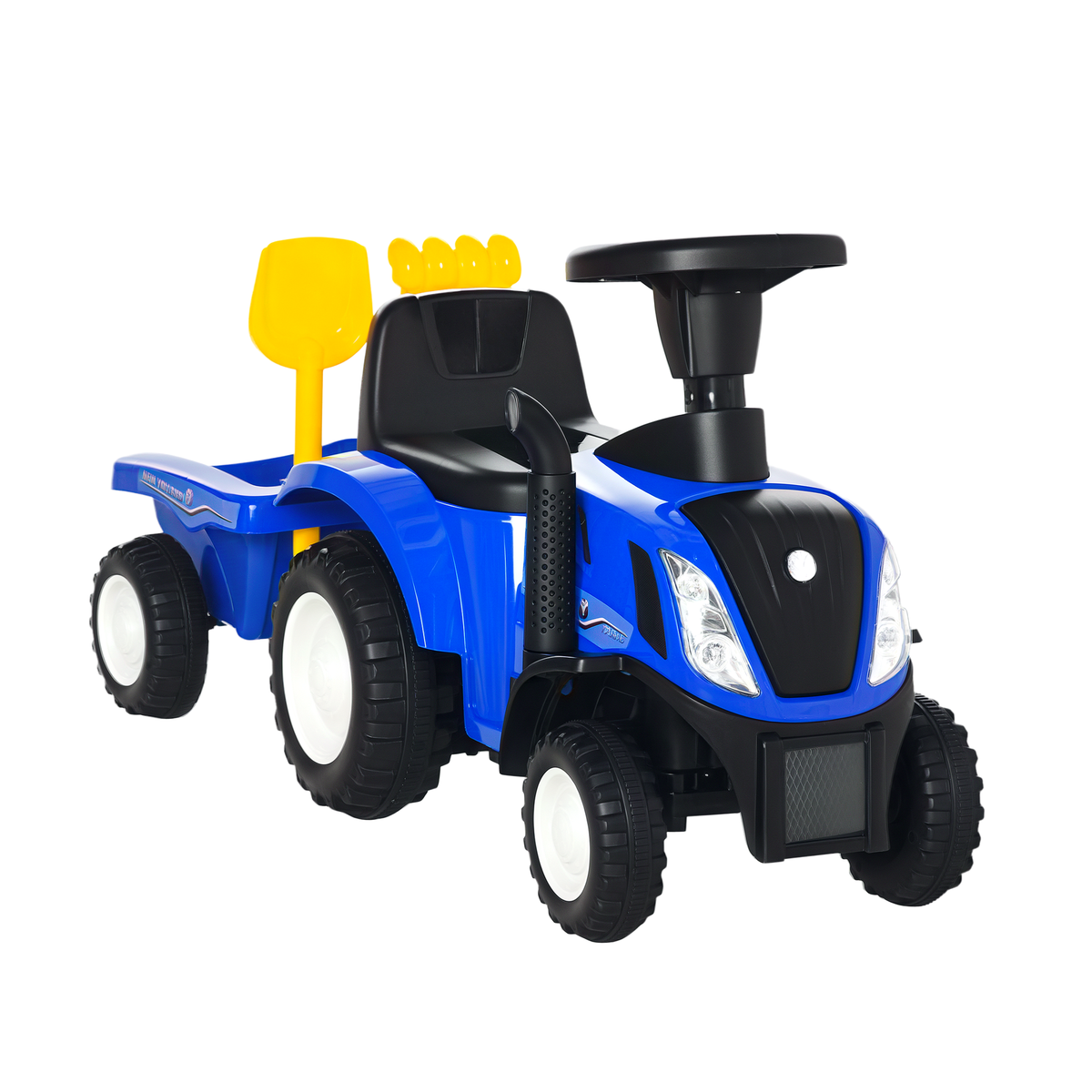 HOMCOM Rutsch-Traktor mit Anhänger, Hupe, Sandspielzeug, ab 1 Jahr, Kunststoff+Metall, blau, 91 x 29 x 44cm
