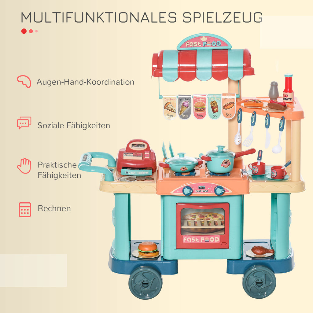 HOMCOM Kinderküche mit Zubehör 50-Teilige Spielküche Spielzeugküche Kunststoff Blau+Rot+Orange 79,5 x 33 x 90,5 cm