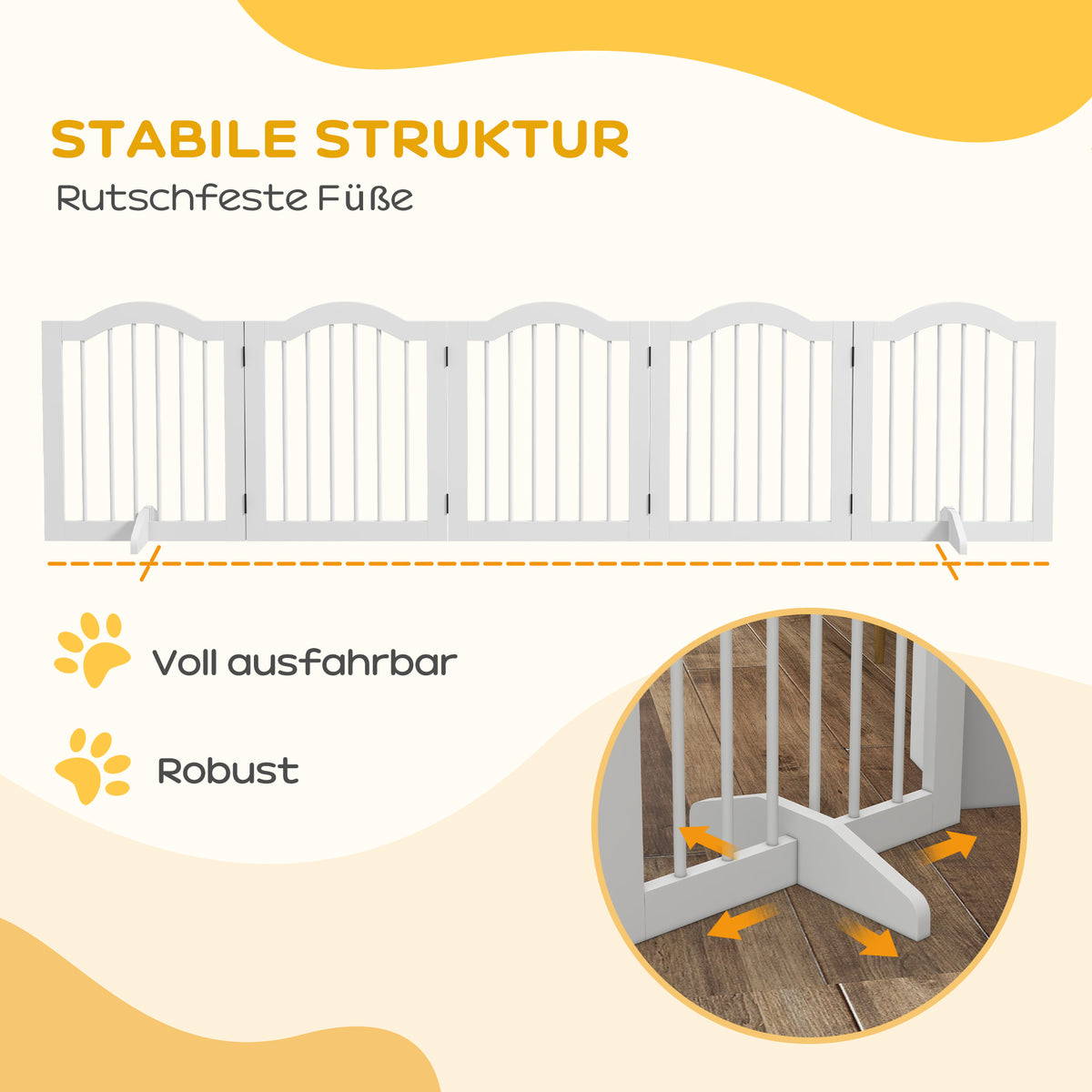 PawHut Hunde-Absperrgitter, 5 Paneele, klappbar, flexibel, Massivholz/MDF, 254,5x29,5x61 cm, Weiß