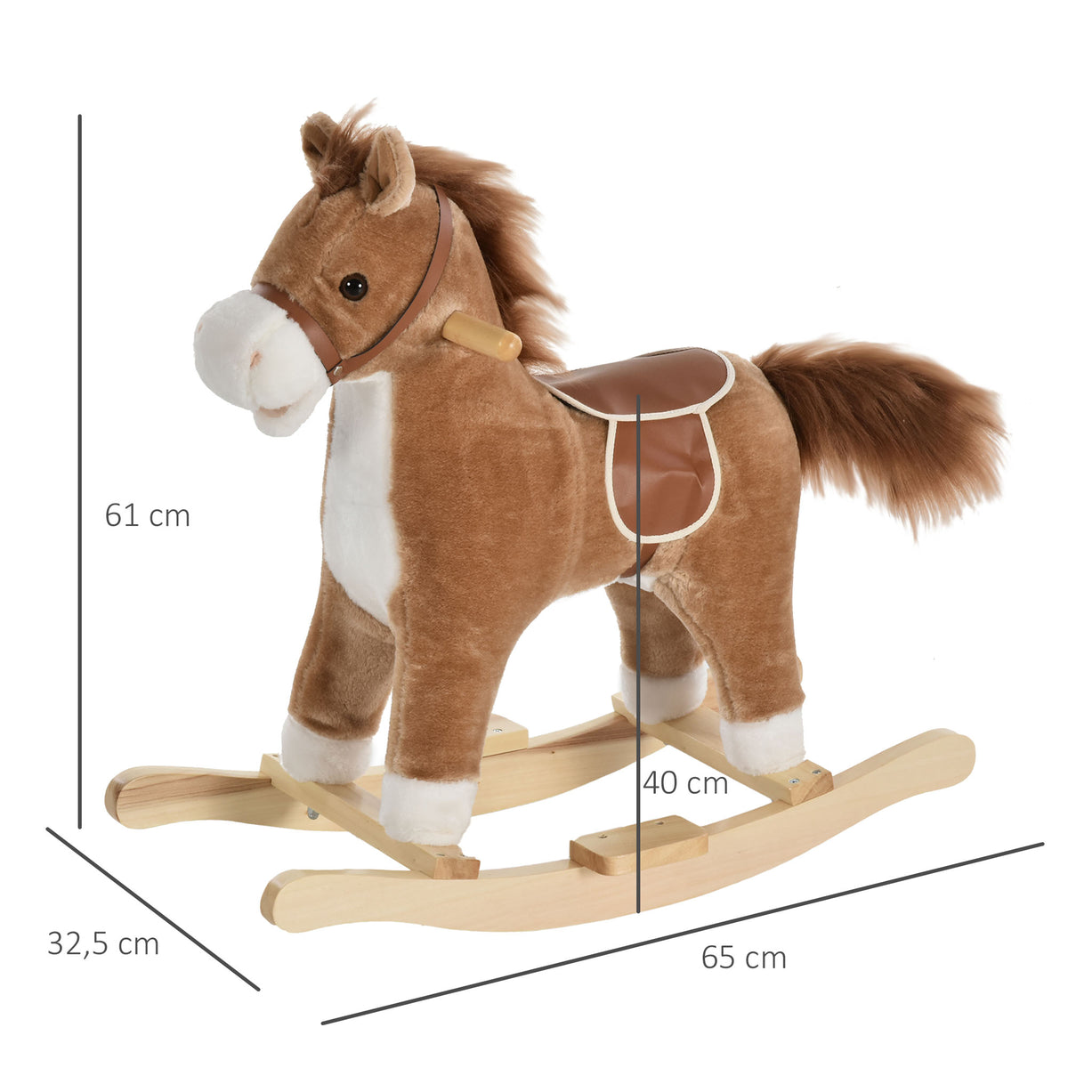 HOMCOM Kinder Schaukelpferd Baby Schaukeltier Pferd mit Tiergeräusche Spielzeug Haltegriffe für 36-72 Monate Plüsch Braun 65 x 32,5 x 61 cm