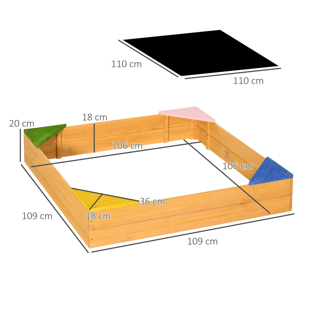 Outsunny Quadratischer Sandkasten aus Holz für Kinder mit 4 Sitzgelegenheiten in der Ecke und Schutzfilm 109 x 109 x 19,8 cm Naturholz