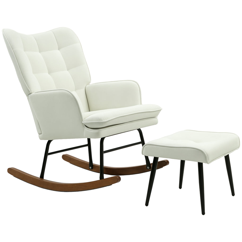 HOMCOM Schaukelstuhl mit Hocker, sanftes Schaukelsystem, Leinenimitat, 64 x 89 x 90 cm, Cremeweiß