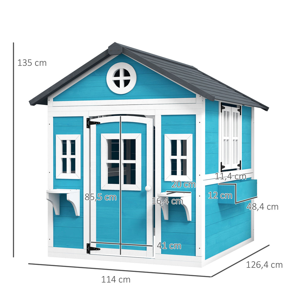 Outsunny Kinderspielhaus, Holz-Spielhaus für Kinder, Outdoor-Gartenspielhaus mit Fenstern, Blumentöpfe, 3-8 Jahre, Blau