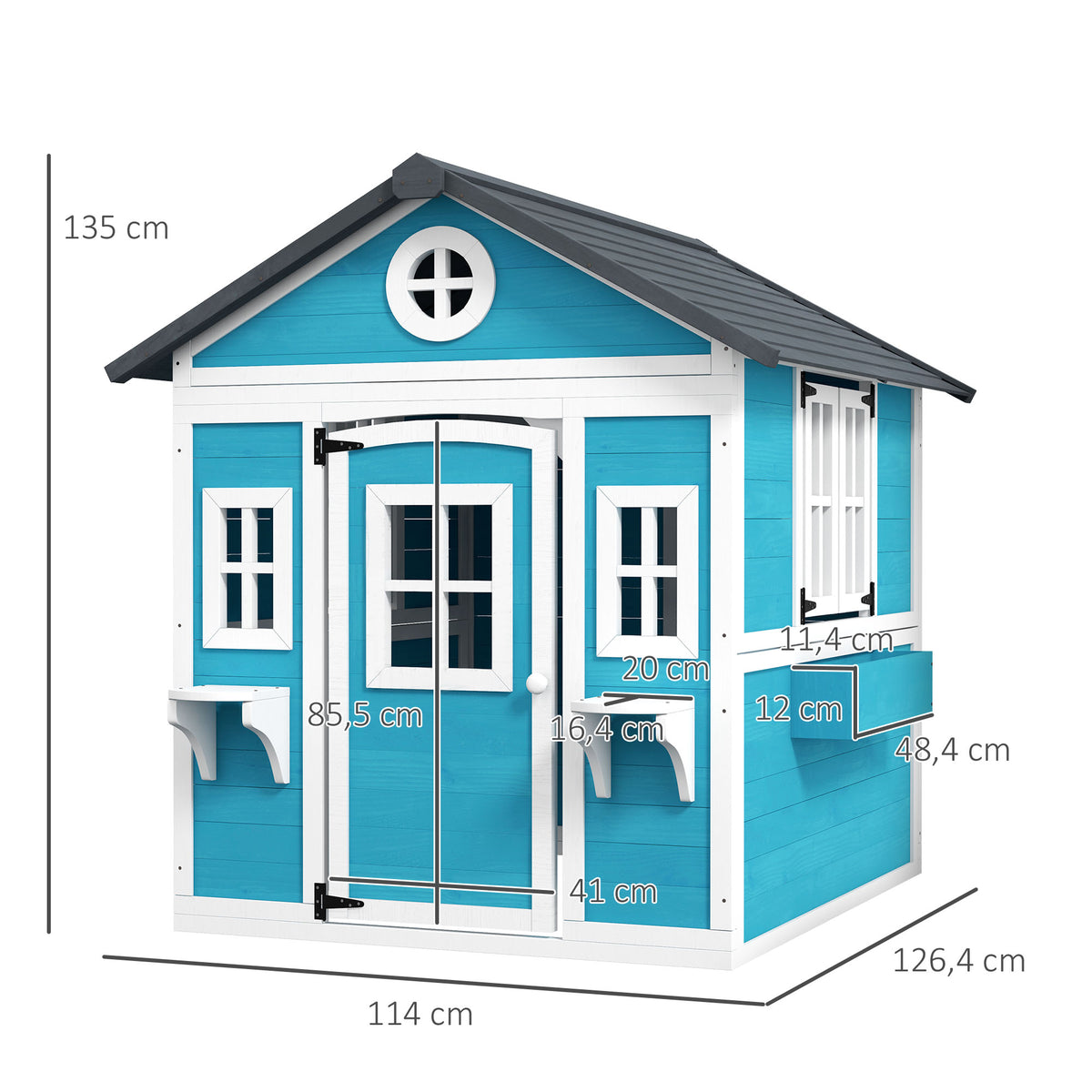 Outsunny Kinderspielhaus, Holz-Spielhaus für Kinder, Outdoor-Gartenspielhaus mit Fenstern, Blumentöpfe, 3-8 Jahre, Blau
