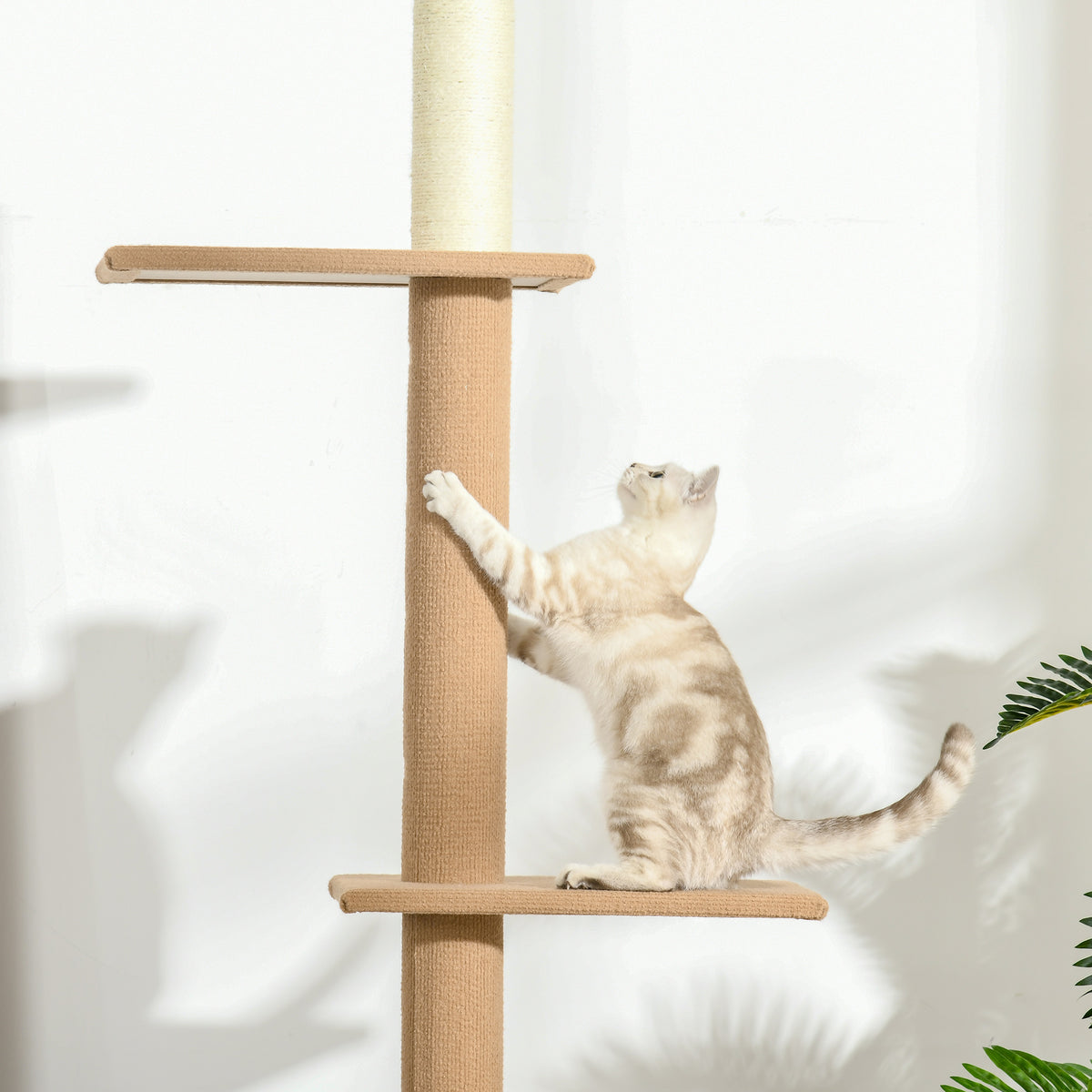 PawHut Kratzbaum Deckenhoch, 228-260 cm Höhenverstellbarer Katzenbaum Kletterbaum für Katzen mit 3 Ebenen, Katzenkratzbaum, Spielbaum vom Boden bis zur Decke Khaki
