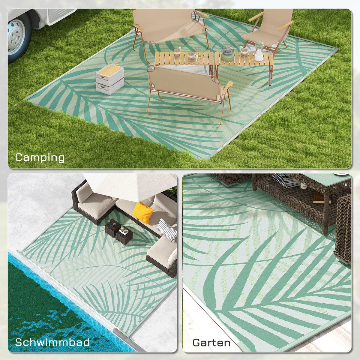 Outsunny Outdoorteppich Terrassenteppich, wetterbeständig, modernes Design, 365 cm x 274 cm x 0,3cm, Grün + Creme