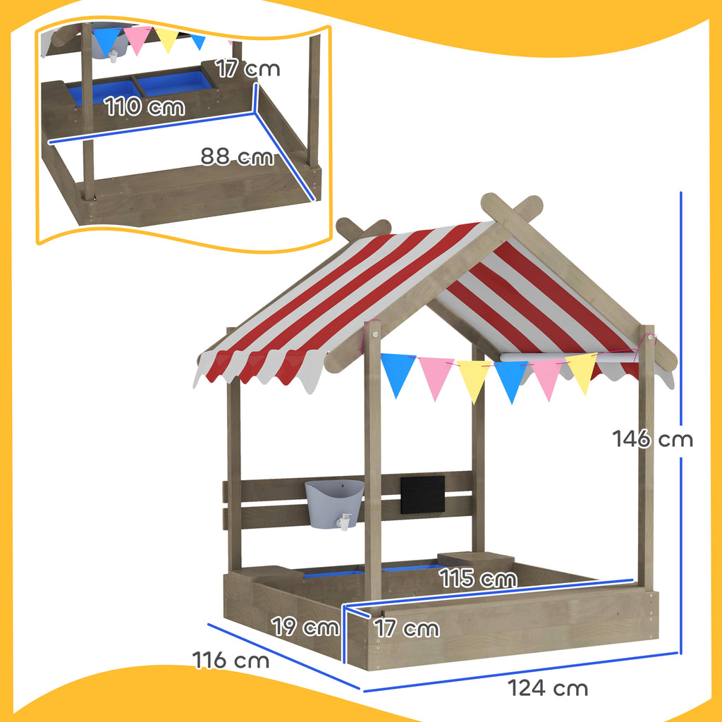 Outsunny Sandkasten mit Sonnenschutz, Spielhaus-Design, mit Spielzeug-Set, behandeltes Massivholz, 124 x 116 x 146 cm, Grau