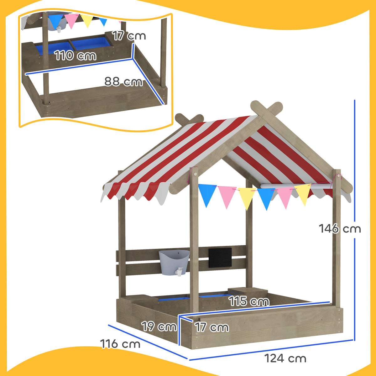 Outsunny Sandkasten mit Sonnenschutz, Spielhaus-Design, mit Spielzeug-Set, behandeltes Massivholz, 124 x 116 x 146 cm, Grau