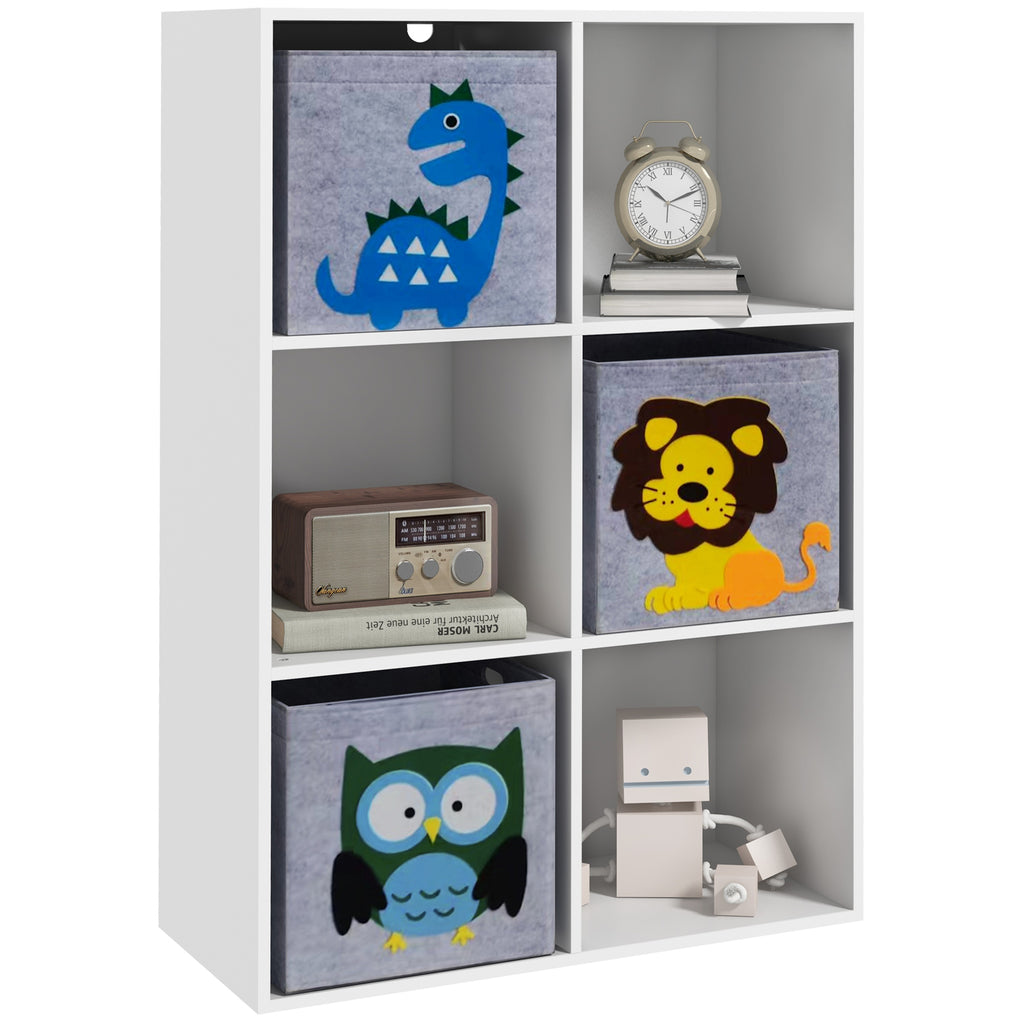 ZONEKIZ Kinderregal Bibliothek 6 Fächer 3 Würfel Stoffkörbe mit Tiermotiven für Kinderzimmer 62 x 30 x 91,5 cm weiß