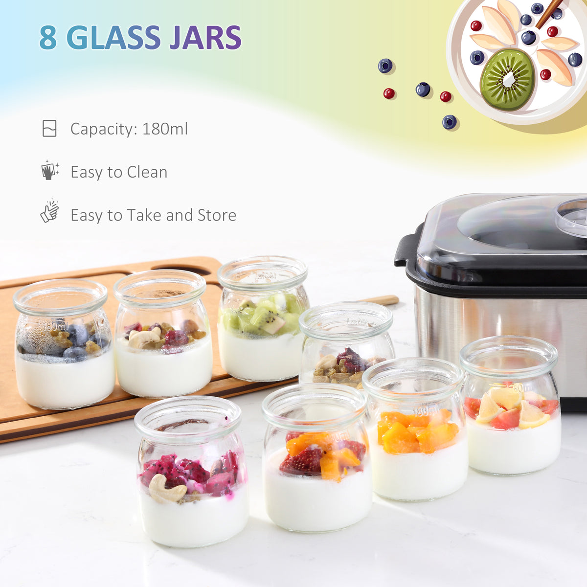 HOMCOM Joghurtbereiter 25W Joghurtmaschine mit LCD-Display 8 Joghurtgläser mit Deckel aus Glas 180ml einstellbare Temperatur und Zeit PC PP-Kunststoff Edelstahl Glas Silber 36 x 18,8 x 14 cm