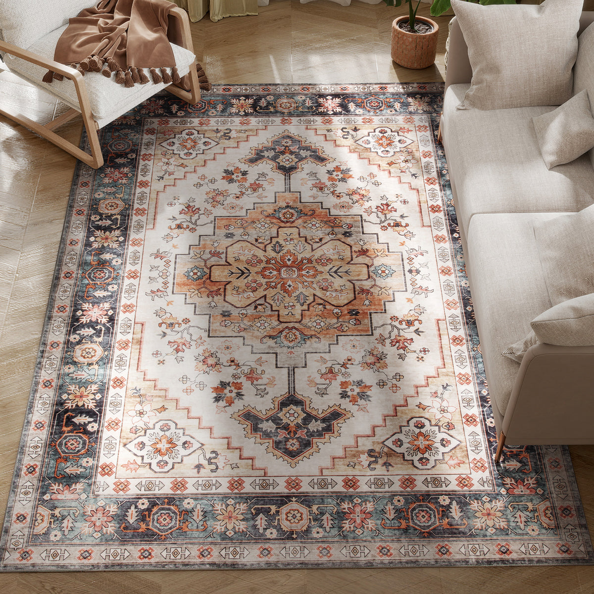 HOMCOM Rutschfester und Waschbarer Bohemianischer Kurzflorteppich für Wohnzimmer und Schlafzimmer, 230x160 cm, Braun