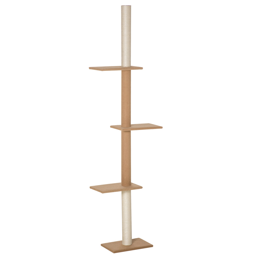 PawHut Kratzbaum Deckenhoch, 228-260 cm Höhenverstellbarer Katzenbaum Kletterbaum für Katzen mit 3 Ebenen, Katzenkratzbaum, Spielbaum vom Boden bis zur Decke Khaki