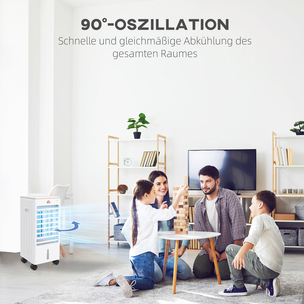HOMCOM Luftkühler, mobil, mit Luftbefeuchtung, 3 Modi & Geschwindigkeiten, Timer, Weiß