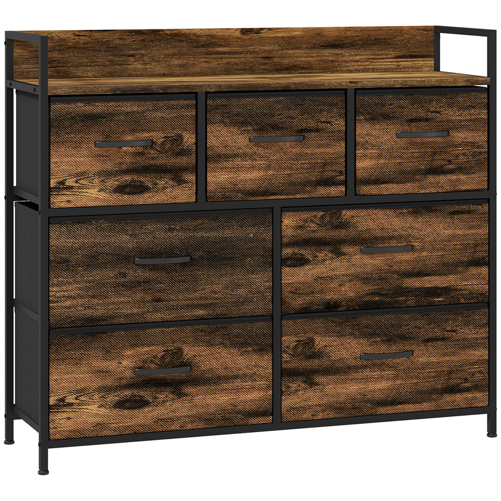 HOMCOM Kommode, Sideboard mit 7 Stoffschubladen, Industrial Design, Stahlrahmen, 98x29x85cm, Braun/Schwarz