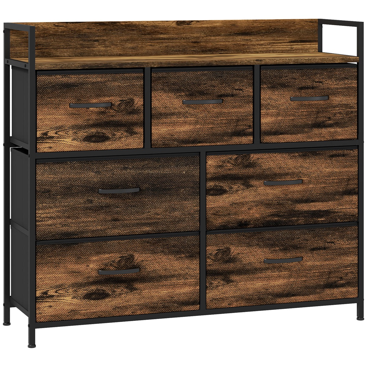 HOMCOM Kommode, Sideboard mit 7 Stoffschubladen, Industrial Design, Stahlrahmen, 98x29x85cm, Braun/Schwarz