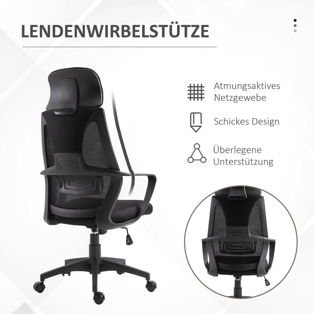 Vinsetto Bürostuhl, Schreibtischstuhl mit Wippfunktion Höhenverstellbarer mit Kopfstütze, Lendenstütze Schwarz