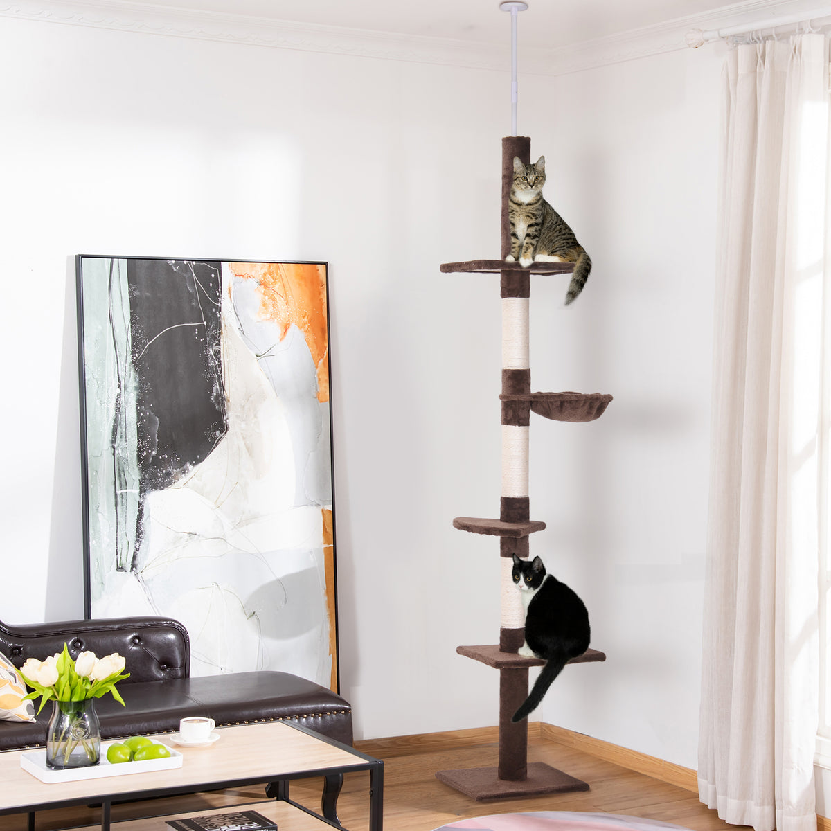PawHut Kratzbaum Deckenhoch höhenverstellbar, stabiler Katzenbaum mit Sisalsäulen, Katzen Kletterbaum, Braun, 40 x 34 x 230-260 cm