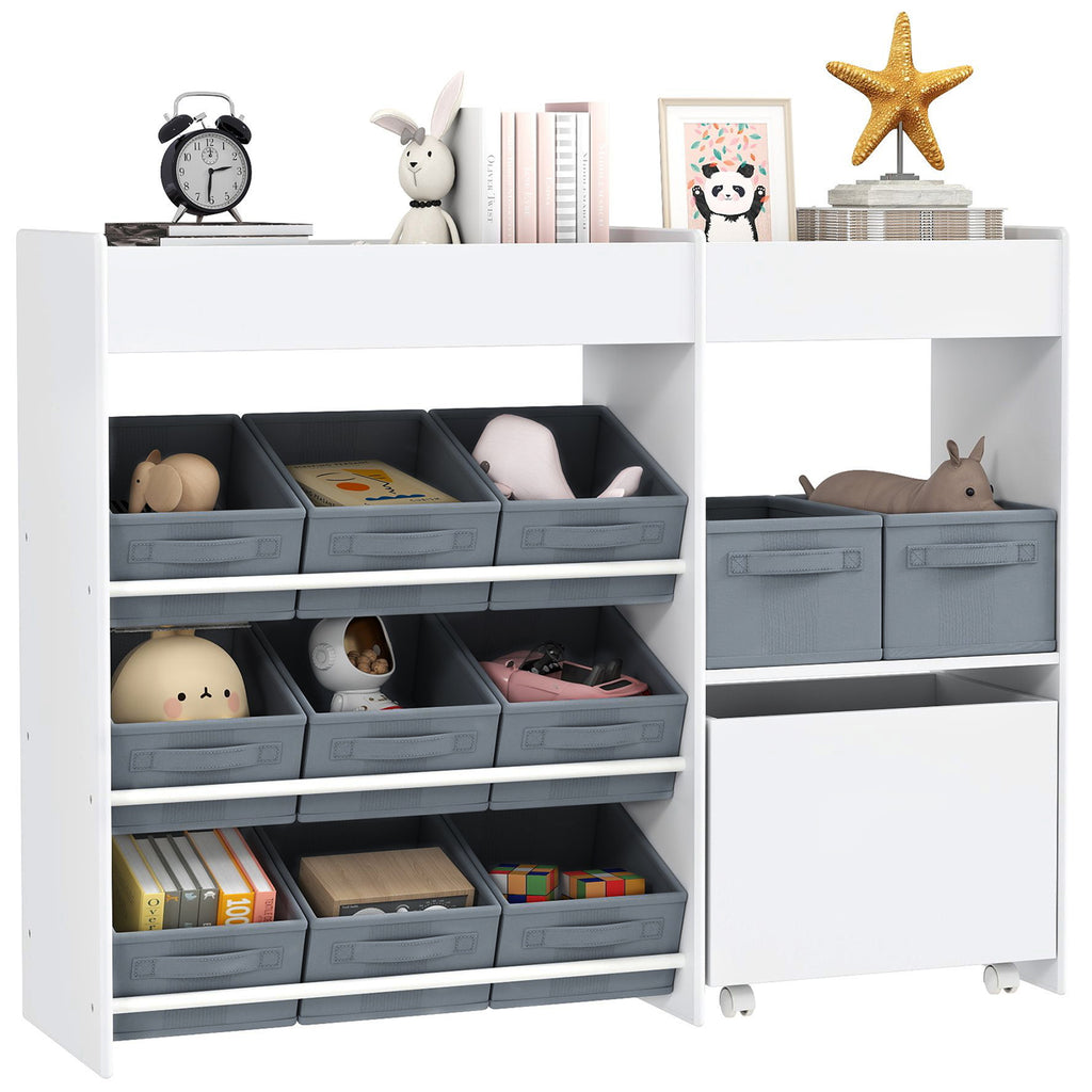 AIYAPLAY Kinder-Aufbewahrungsregal, Spielzeugschrank für Kinder mit 11 Stoffboxen, oberen Fächern, 3 Stickern, Weiß