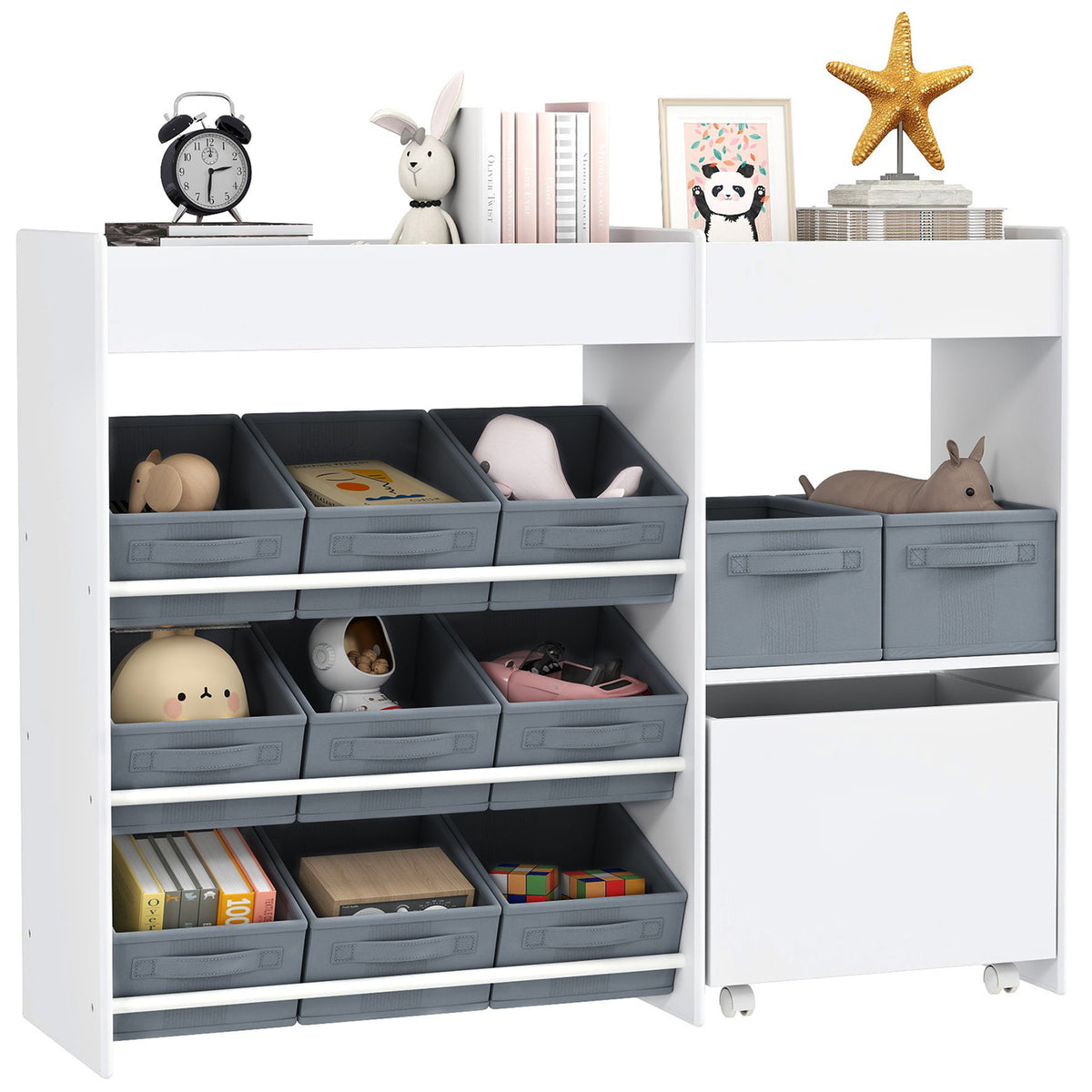 AIYAPLAY Kinder-Aufbewahrungsregal, Spielzeugschrank für Kinder mit 11 Stoffboxen, oberen Fächern, 3 Stickern, Weiß