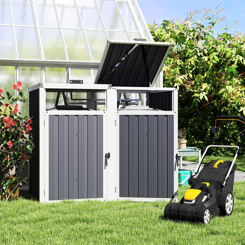 Outsunny Mülltonnenverkleidung für 2 Behälter à 240L, Außenabdeckung für Mülltonnen, 180° Klappdeckel, feuerverzinkter Stahl 73 x 81 x 122 cm, Dunkelgrau