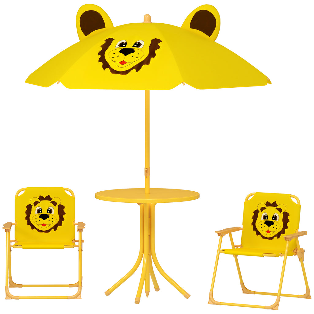AIYAPLAY Gartenmöbel-Set für Kinder, Stühle, Tisch, Sonnenschirm, Löwen-Design, Gelb