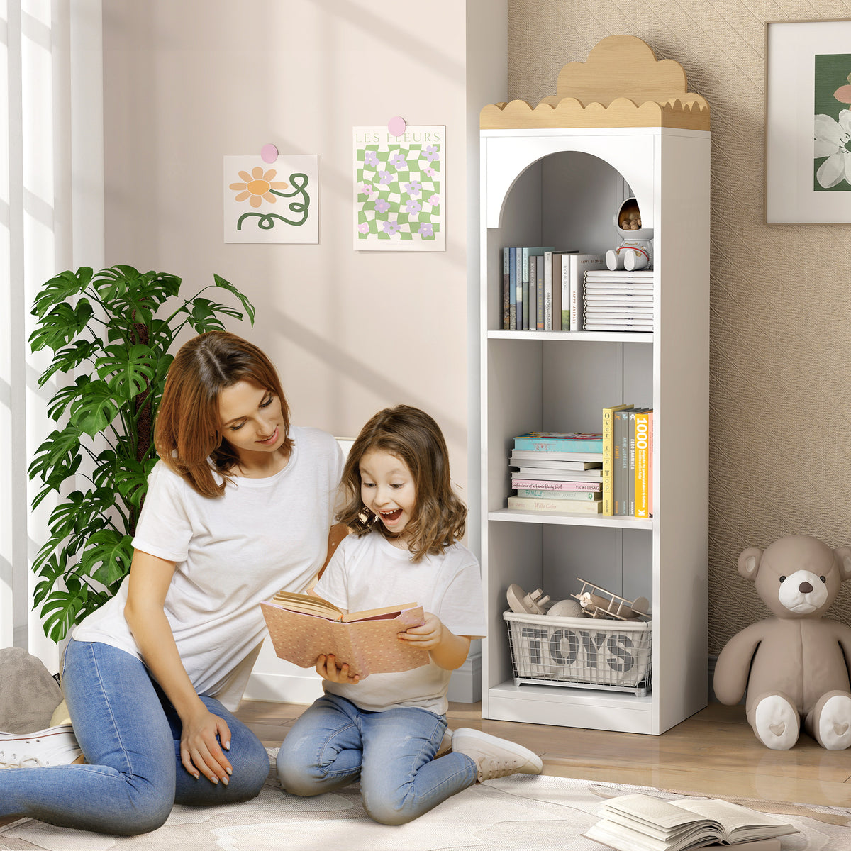 AIYAPLAY Kinderbücherregal mit 3 Ebenen niedliches Wolken-Design für Kinderzimmer Leseecke weiß