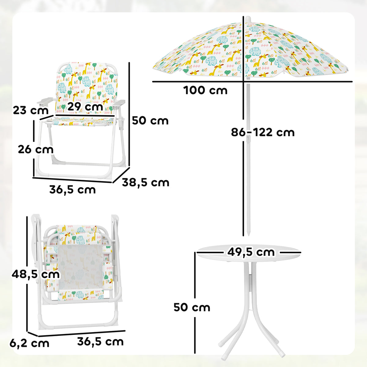 AIYAPLAY Kinder-Sitzecke, Klappstuhl-Sitz-Set mit Sonnenschirm, Buntes Muster, Weiß