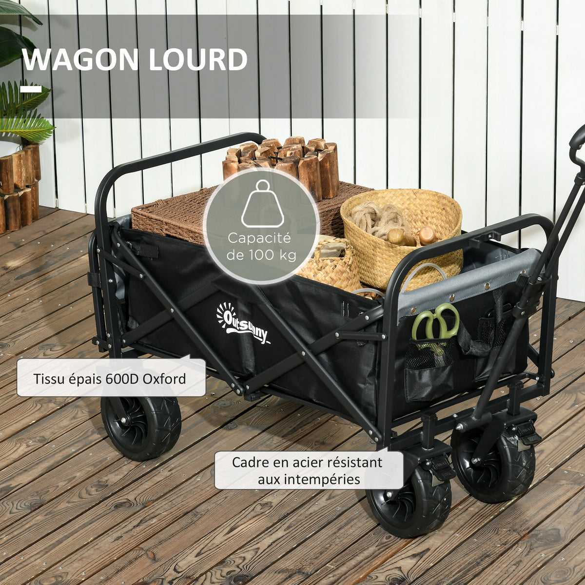 Outsunny Faltbarer Gartenwagen mit 4 Rädern und höhenverstellbarem Teleskopgriff, einstellbarer Neigung, öffnbare Hintertür, Schwarz