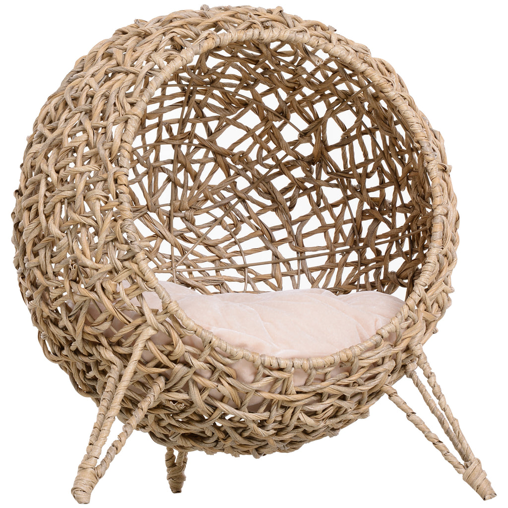 PawHut Katzenhaus aus Rattan mit Kissen Katzenschlafplatz Katzenhöhle mit erhöhten Füßen Natur Ø52 x 58 cm