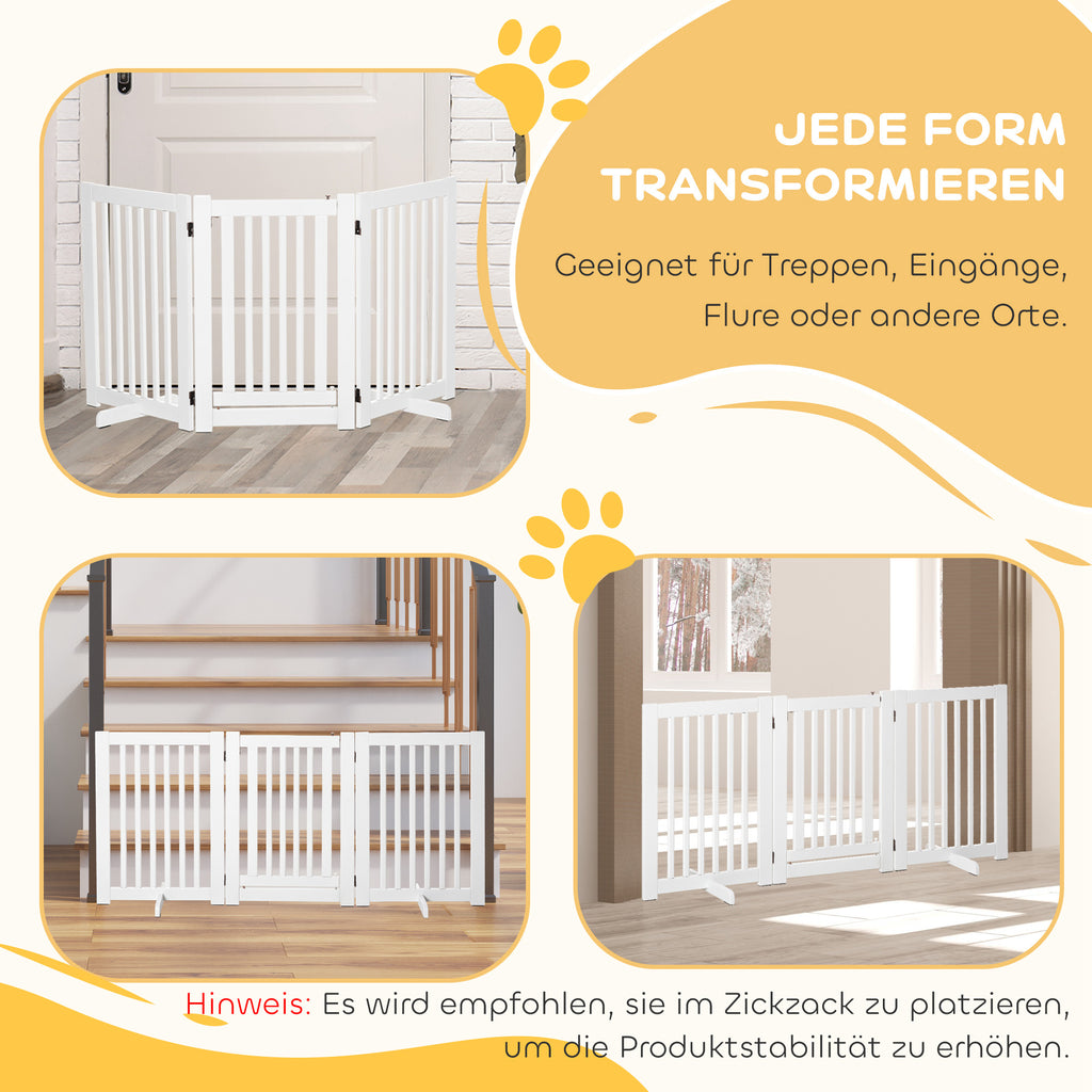 PawHut Absperrgitter Holz Freistehendes Schutzgitter für Hunde Türschutzgitter Verstellbares Hundegitter Treppengitter mit Füßen klappbares Kamingitter für Ofen Weiß 155 x 1,5 x 76 cm
