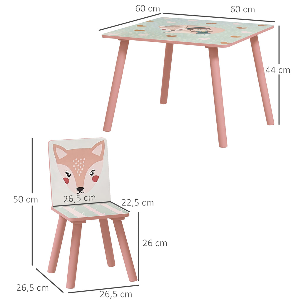 ZONEKIZ Kindertisch und Stuhlset, Kindertisch mit 2 Stühlen, Tiermuster für Kinderzimmer rosa
