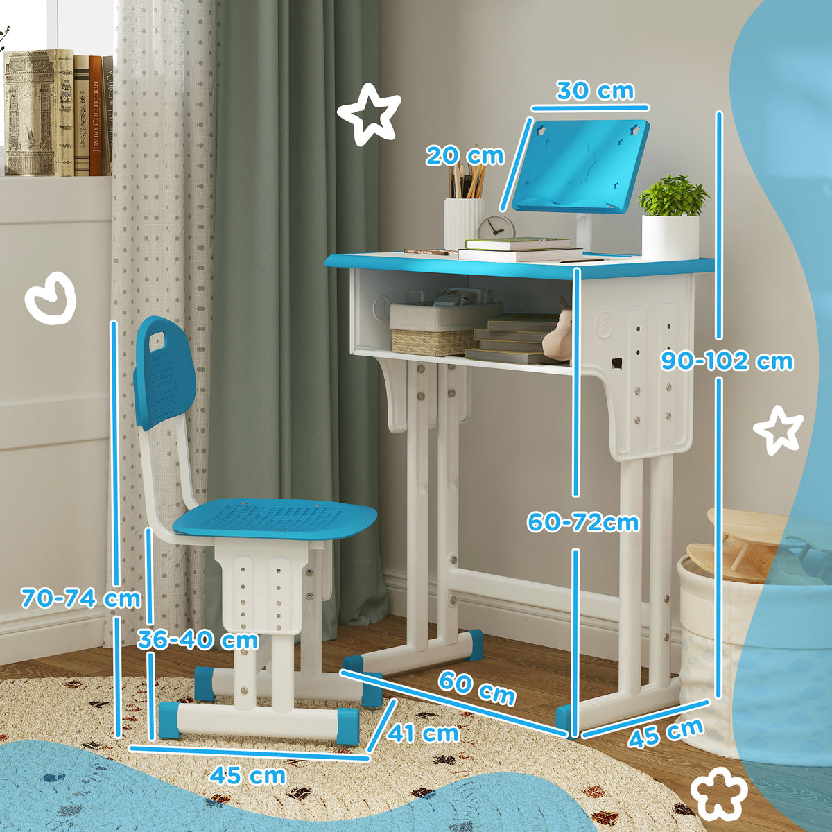 HOMCOM Kinder-Schreibtisch und Stuhl mit Leseständer Fach Haken und Stifthalter 60 x 45x 90-102 cm blau