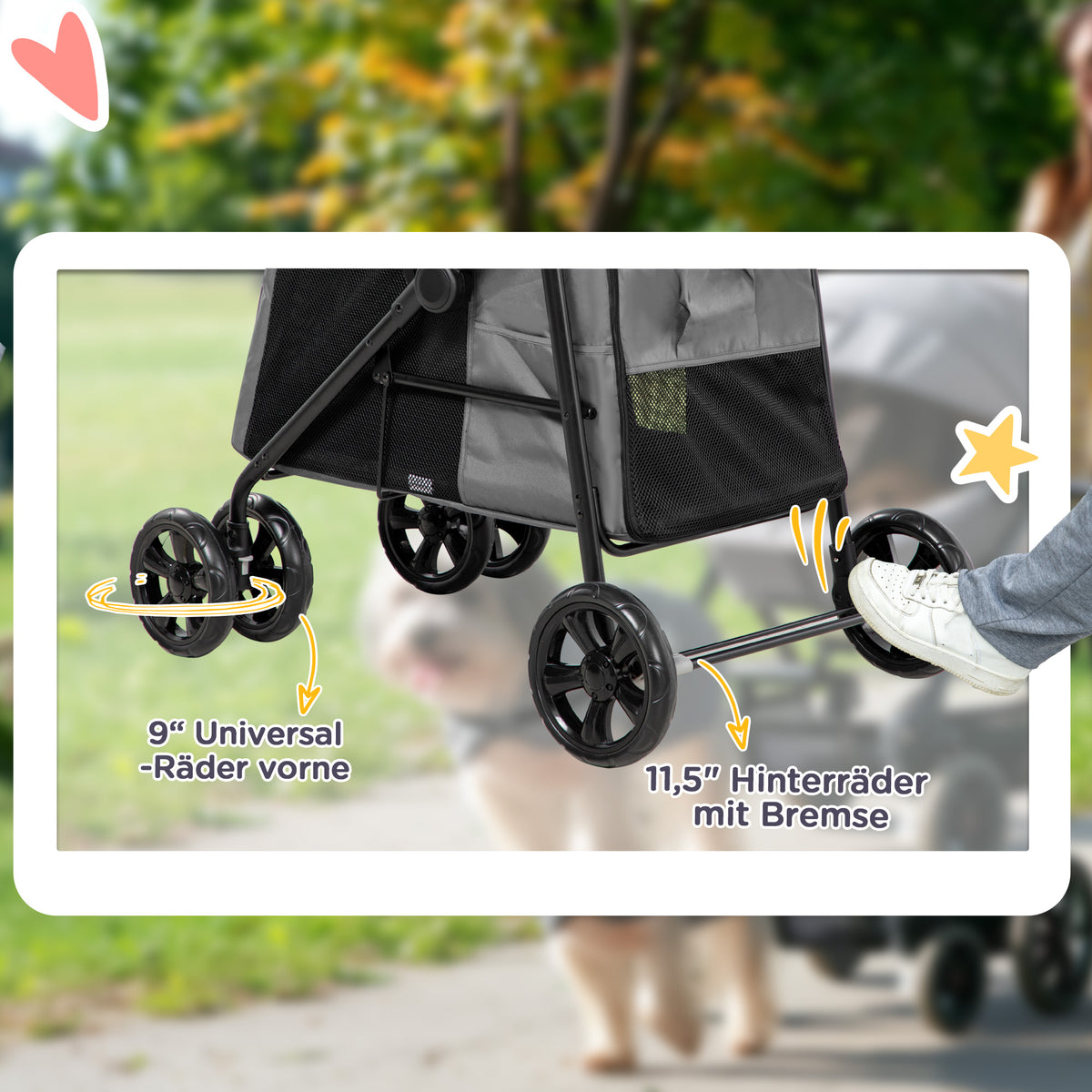 PawHut Hundebuggy Hundewagen bis 20 kg Klappbar 3 Seitentasche 102 cm x 62 cm x 105 cm Grau