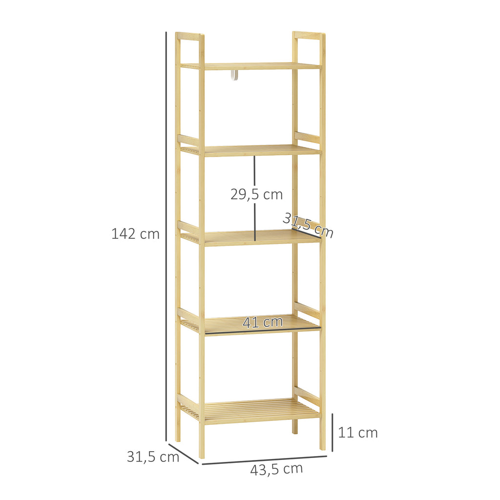 HOMCOM Bambus-Badezimmerregal mit 5 Ebenen, Aufbewahrungsregal mit verstellbaren Regalböden, 43,5 x 31,5 x 142 cm, Naturholz