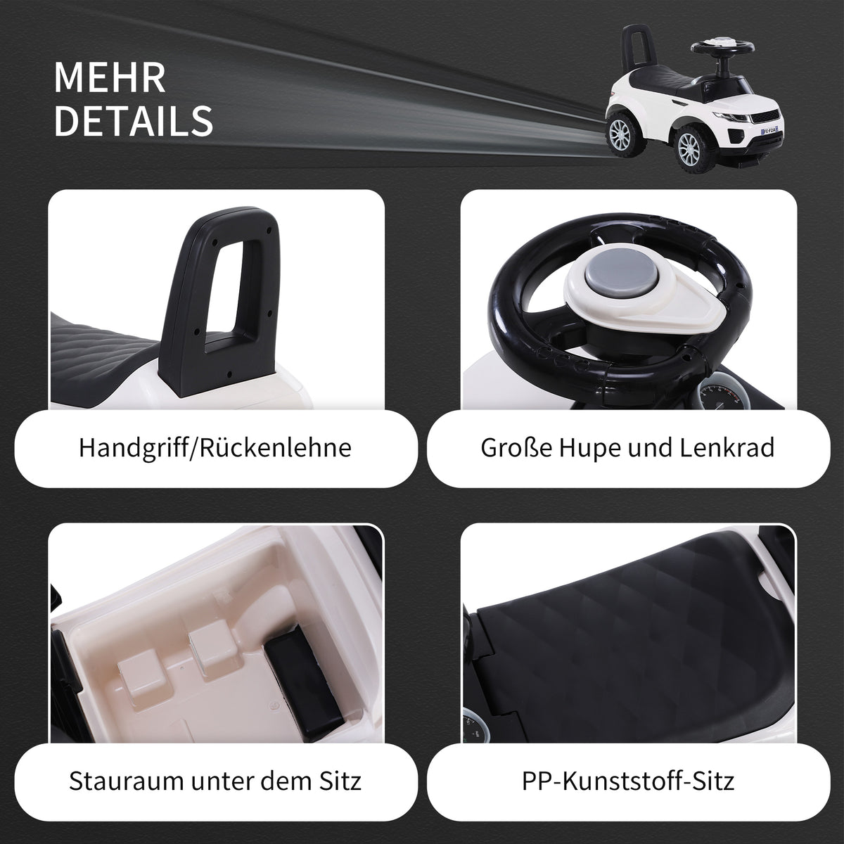 HOMCOM Kinderfahrzeug Rutschauto Lauflernhilfe mit Hupe Stauraum PP Weiß 62 x 28 x 41,5 cm