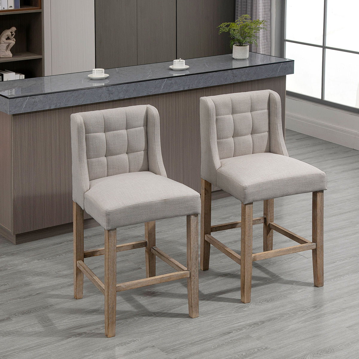 HOMCOM 2er-Set Barhocker mit lehne Barstühle mit Knopfheftung, Massivholz, inkl. Fußstütze, 47 cm x 50 cm x 101 cm, Grau + Natur