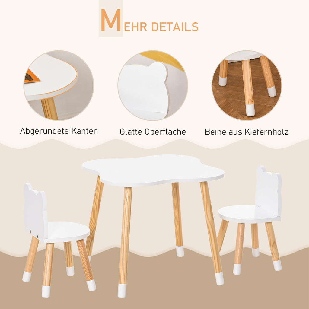 HOMCOM 3-teiliges Kindertisch-Set bogenförmige Kindersitzgruppe Tisch mit 2 Stühlen MDF Tischbeine aus Kiefernholz Weiß+Naturholz 56 x 56 x 50 cm