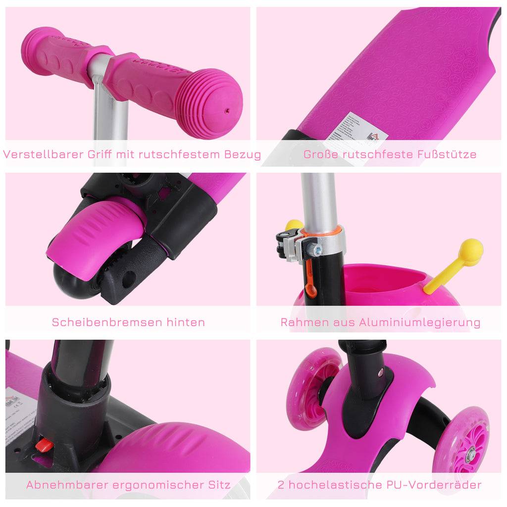 HOMCOM 5-in-1 Kinderroller höhenverstellbarer Tretroller Cityroller Scooter Kinder Roller Kickboard Lenker Teleskoprohr Rosa 62 x 25 x 72,5 cm