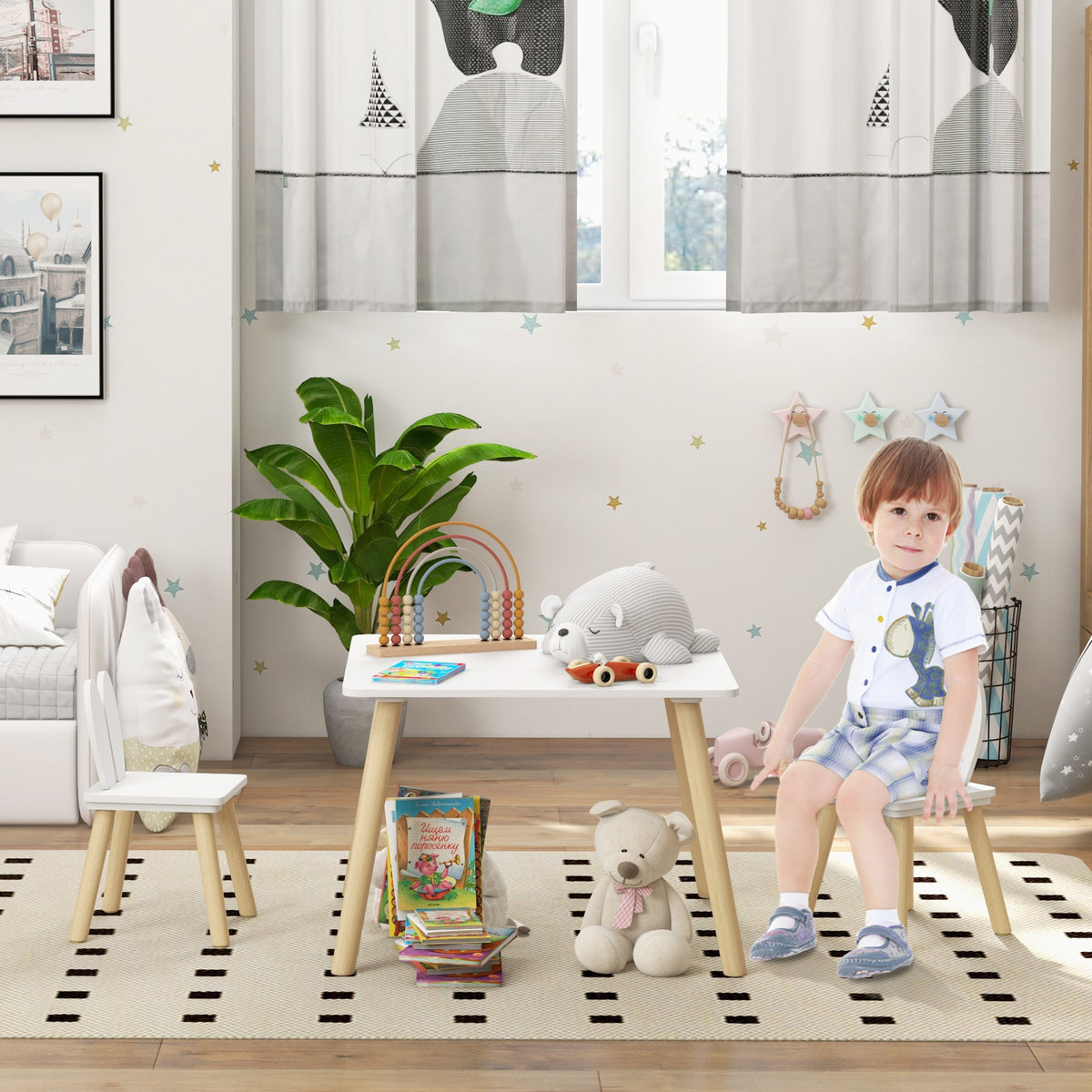 AIYAPLAY Kinder-Tisch- und 2-Stühle-Set skandinavisches Design mit Hasenohrenmuster Kieferholz Weiß