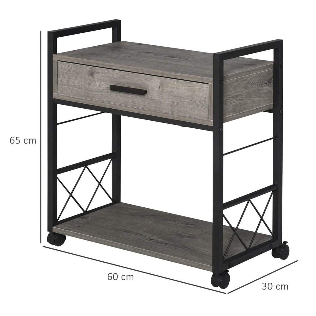 HOMCOM Beistelltisch Servierwagen mit Rädern Küchenwagen Kaffeetisch mit Schublade Ablage Sideboard beweglich Grau Spanplatte 60 x 30 x 65 cm