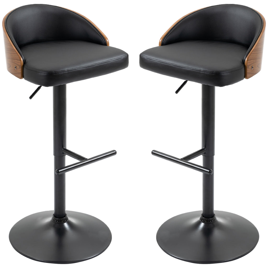 HOMCOM Barhocker 2er Set, Gepolstert Barstuhl aus Stahl und Massivholz, Höhenverstellbar Küchenstühle mit Fußstütze, 360° Drehbar, Tresenhocker für Küche, Wohnzimmer, Esszimmer, Schwarz+Kaffee
